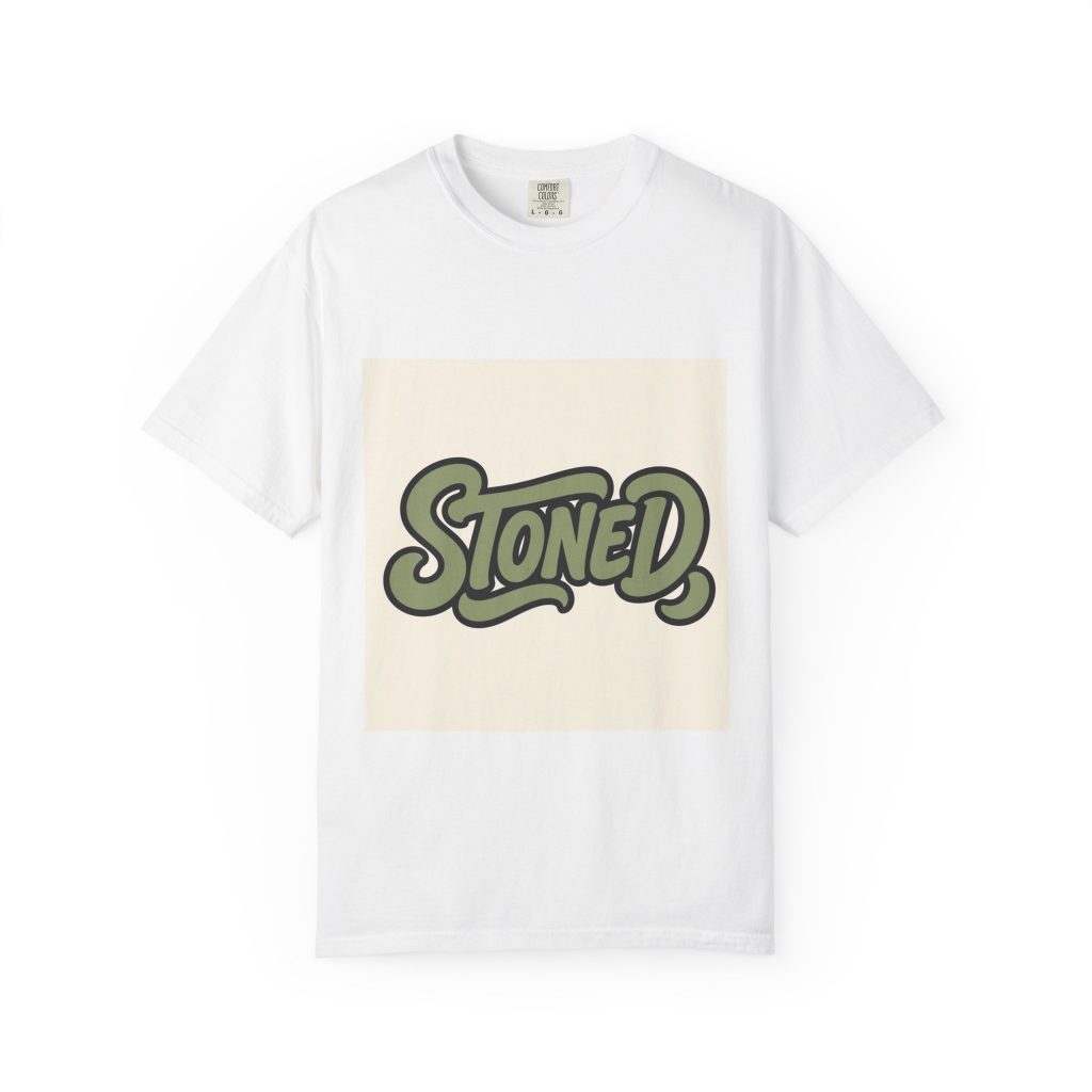 unisex Comfort Colors graphic tee featuring Script Stoned cannabis streetwear art