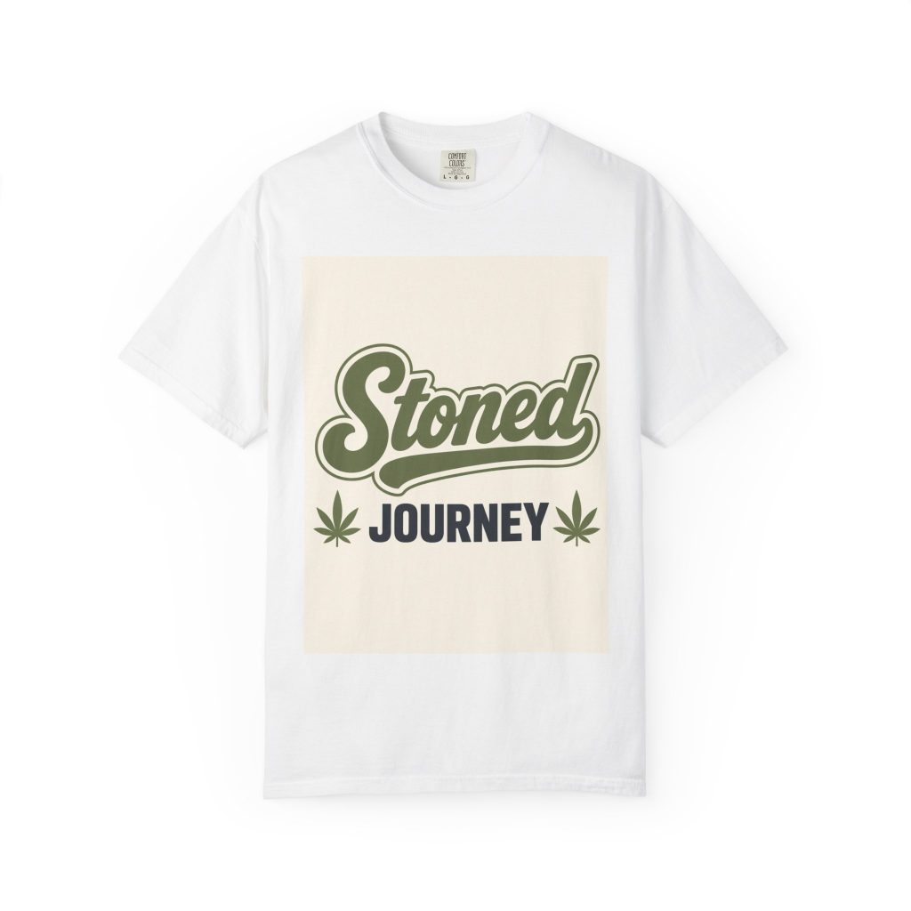 unisex Comfort Colors graphic tee featuring Script Stoned Journey cannabis streetwear art
