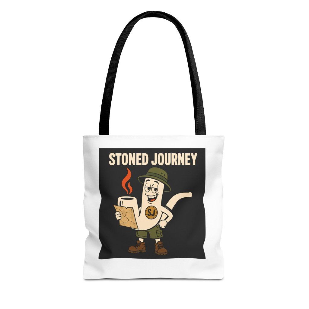 House Drop 7-5 canvas tote bag with Stoned Journey graphic