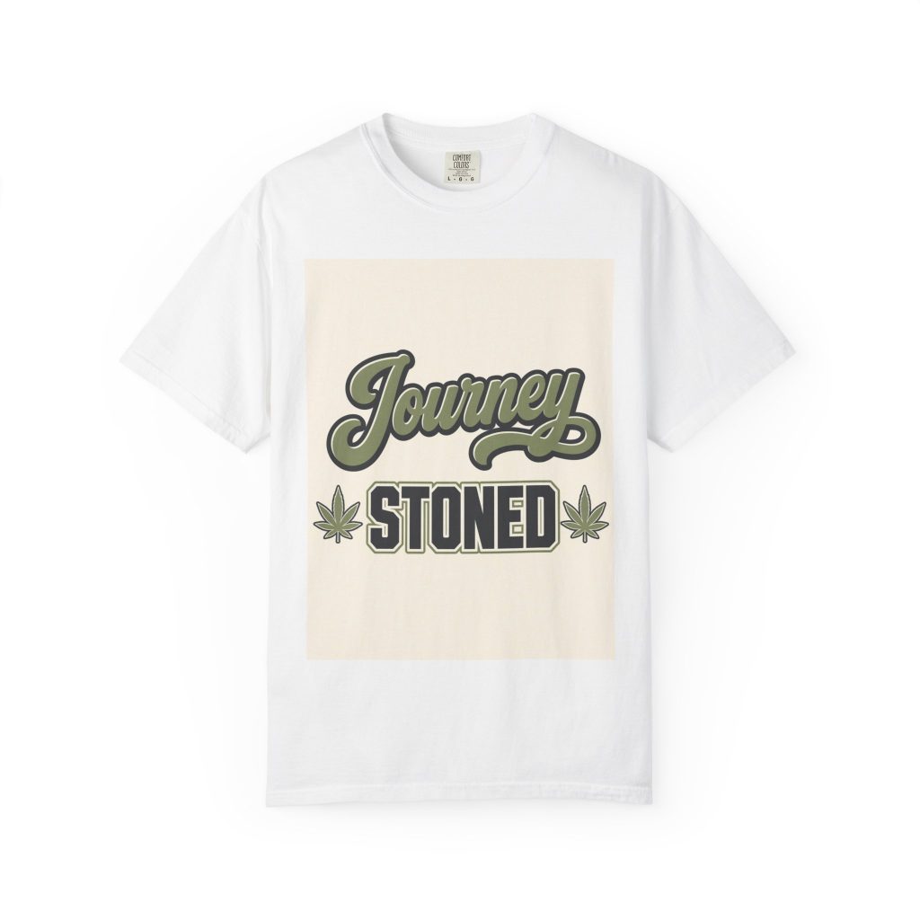 unisex Comfort Colors graphic tee featuring Journey Stoned Script cannabis streetwear art